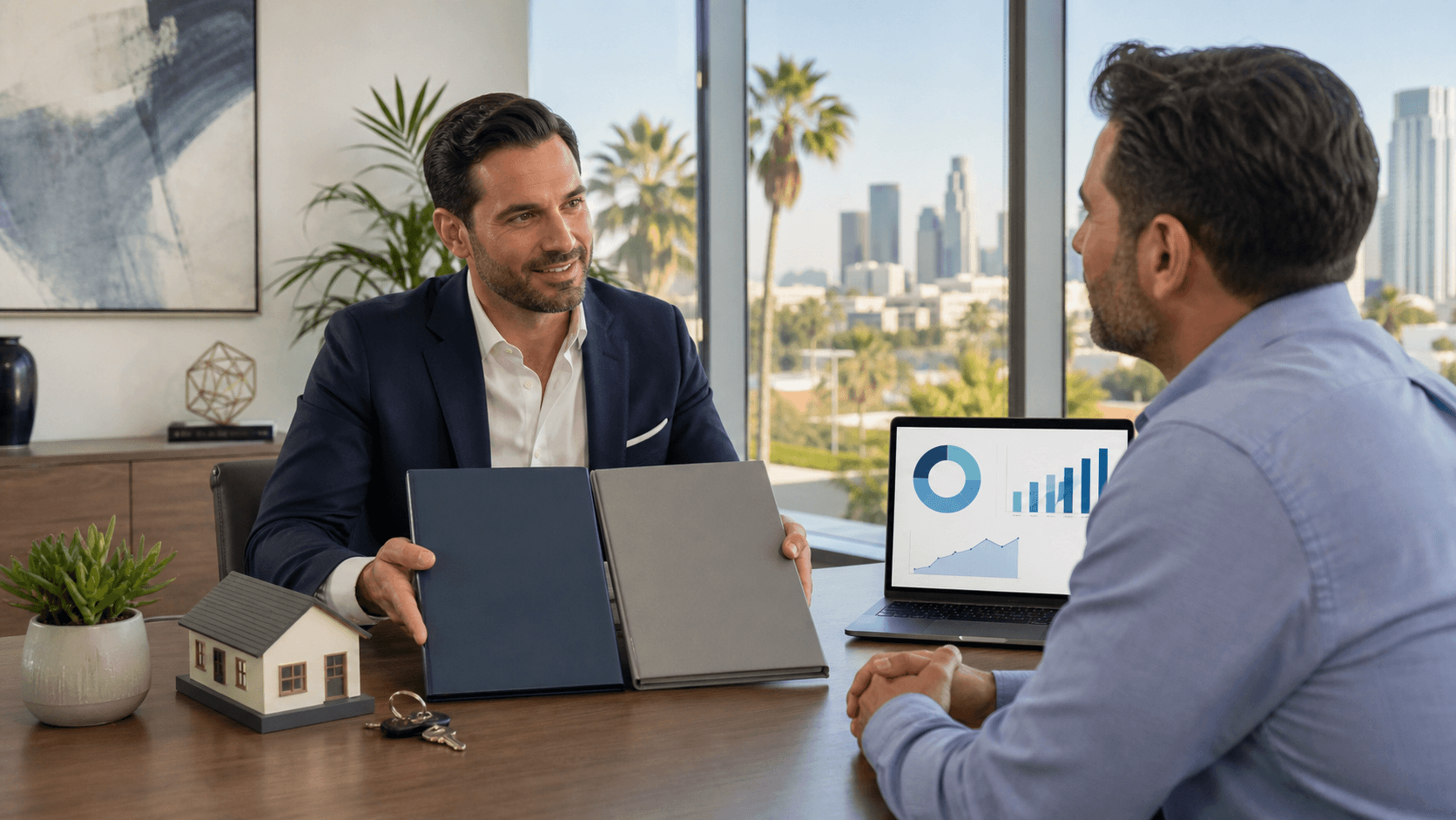 Split-screen illustration of golden California map, one side IRA paperwork, the other a 401(k) folder on a blue desk